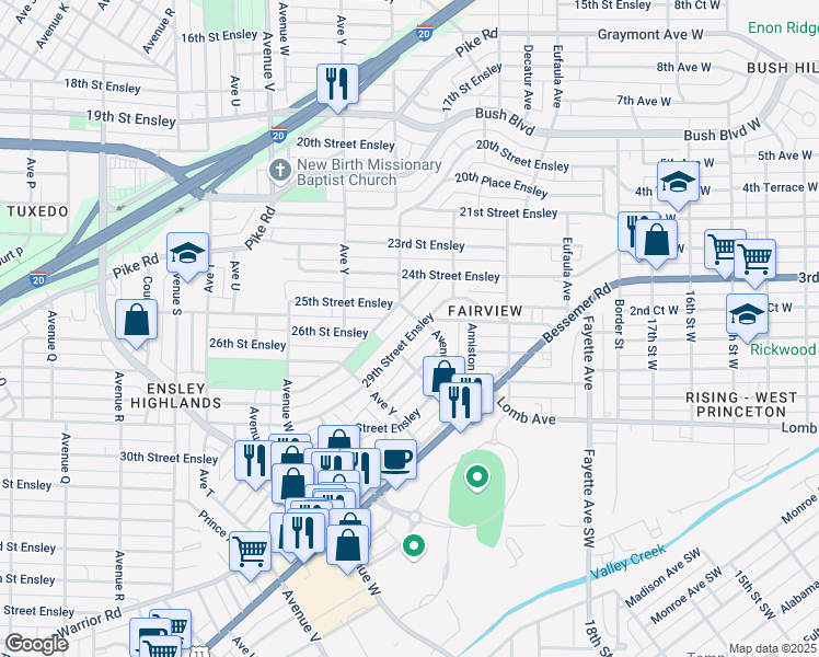 map of restaurants, bars, coffee shops, grocery stores, and more near 2601 28th Street Ensley in Birmingham