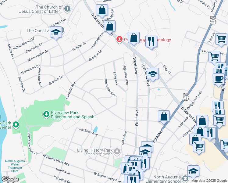 map of restaurants, bars, coffee shops, grocery stores, and more near 1125 Crestview Drive in North Augusta