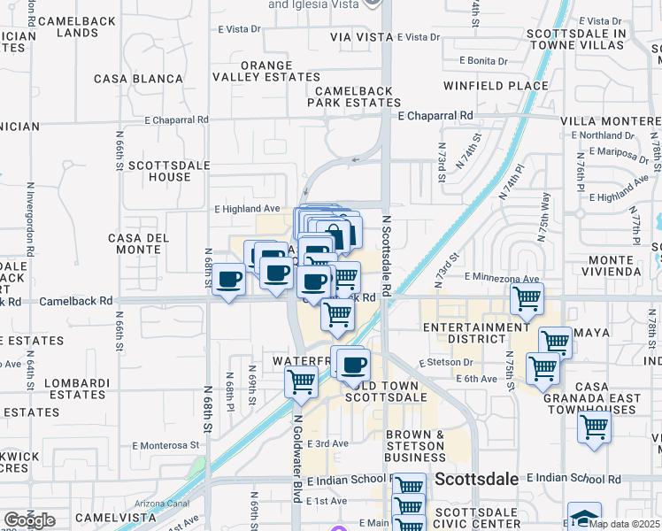 map of restaurants, bars, coffee shops, grocery stores, and more near 7014 East Camelback Road in Scottsdale