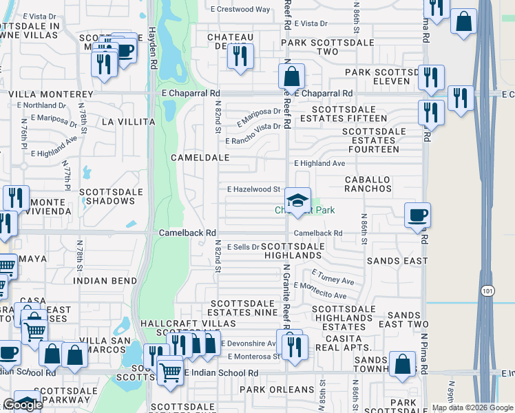 map of restaurants, bars, coffee shops, grocery stores, and more near 8320 East Meadowbrook Avenue in Scottsdale