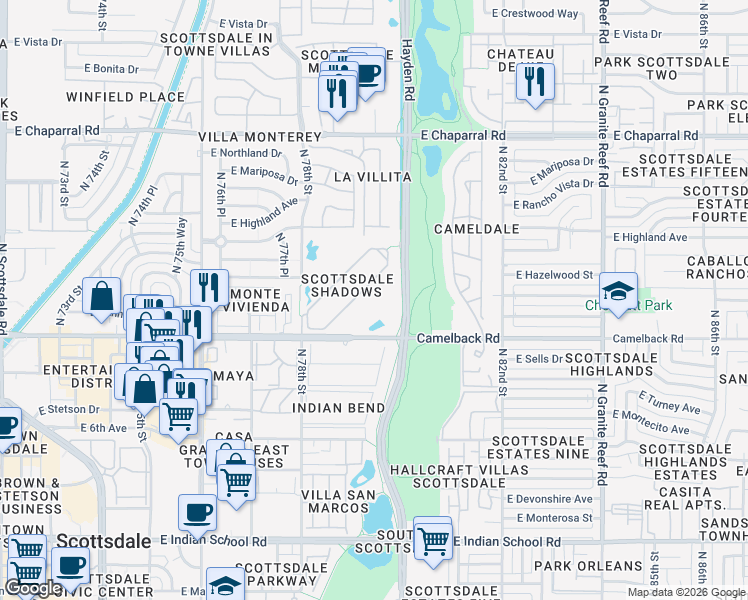 map of restaurants, bars, coffee shops, grocery stores, and more near 7930 East Camelback Road in Scottsdale