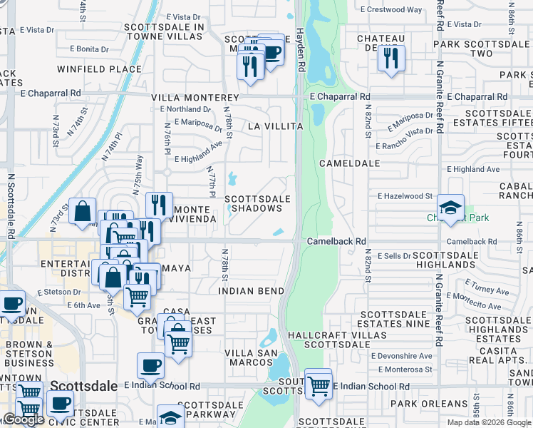 map of restaurants, bars, coffee shops, grocery stores, and more near 7930 East Camelback Road in Scottsdale