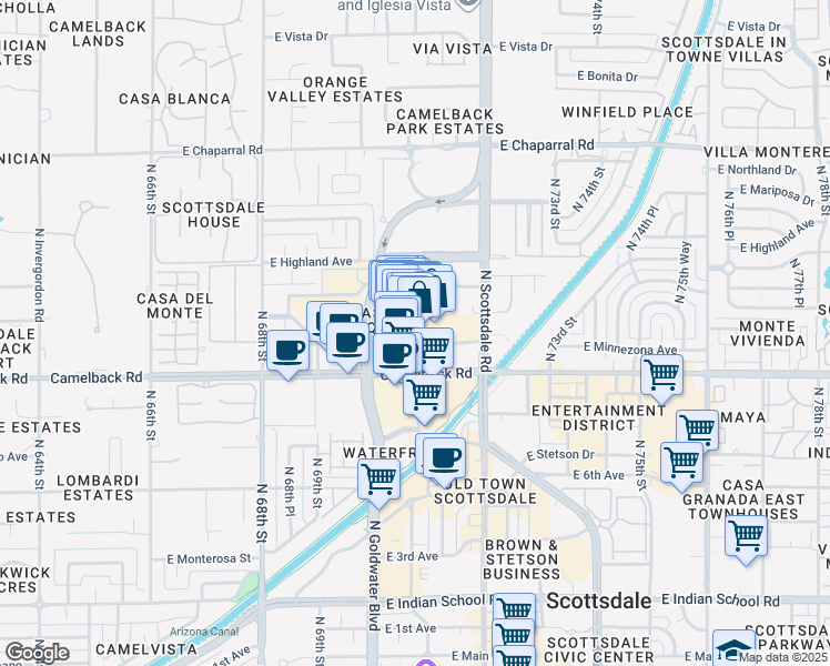 map of restaurants, bars, coffee shops, grocery stores, and more near 7014 590 East Camelback Road in Scottsdale