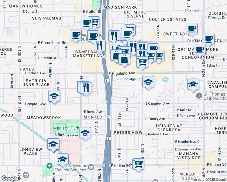 map of restaurants, bars, coffee shops, grocery stores, and more near 1808 East Hazelwood Street in Phoenix