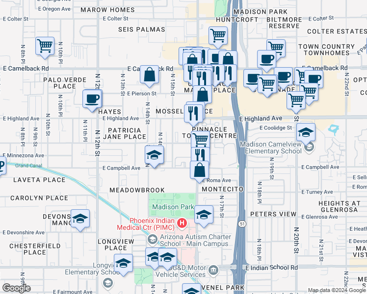 map of restaurants, bars, coffee shops, grocery stores, and more near 1550 East Meadowbrook Avenue in Phoenix