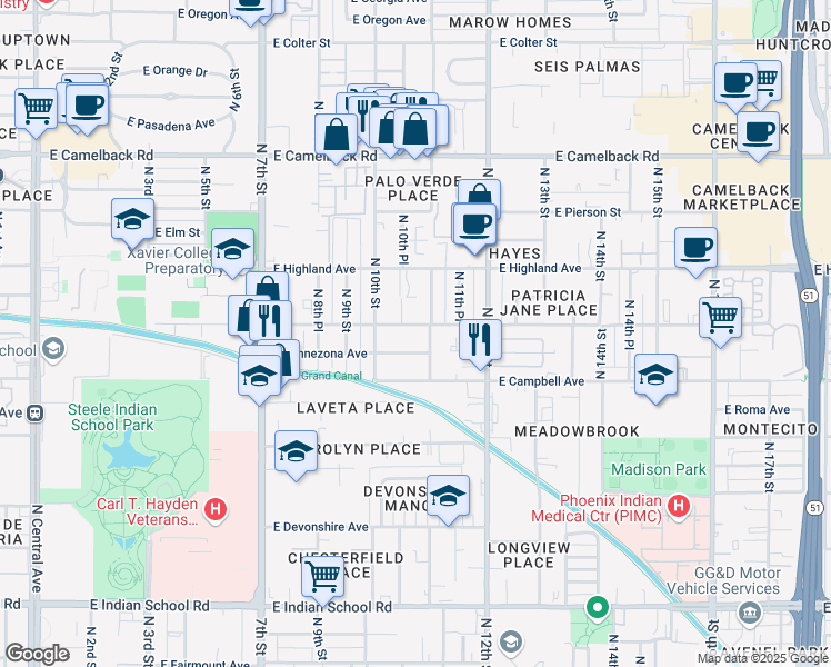 map of restaurants, bars, coffee shops, grocery stores, and more near 4602 North 11th Street in Phoenix