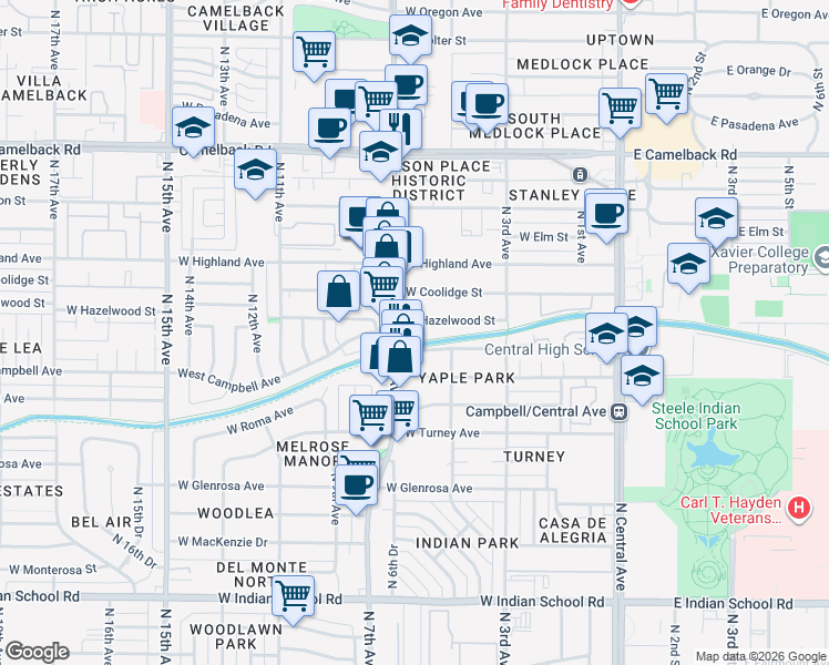 map of restaurants, bars, coffee shops, grocery stores, and more near 640 West Hazelwood Street in Phoenix