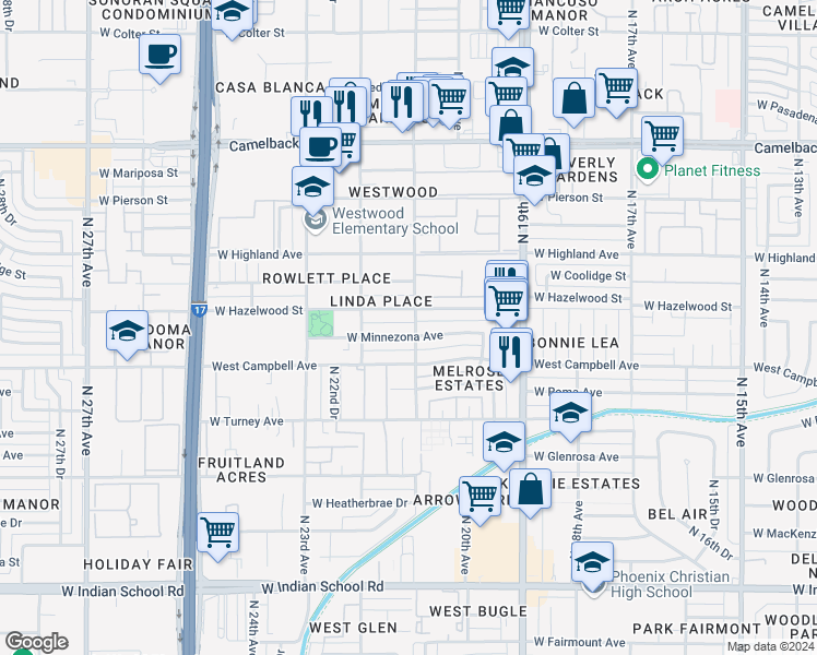map of restaurants, bars, coffee shops, grocery stores, and more near 2059 West Hazelwood Street in Phoenix