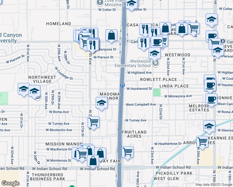 map of restaurants, bars, coffee shops, grocery stores, and more near 4546 North Black Canyon Highway in Phoenix