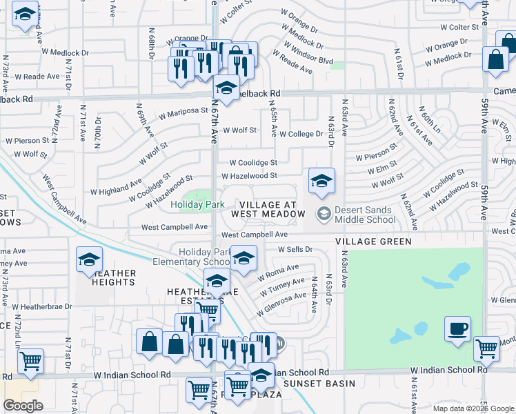 map of restaurants, bars, coffee shops, grocery stores, and more near 4545 North 67th Avenue in Phoenix