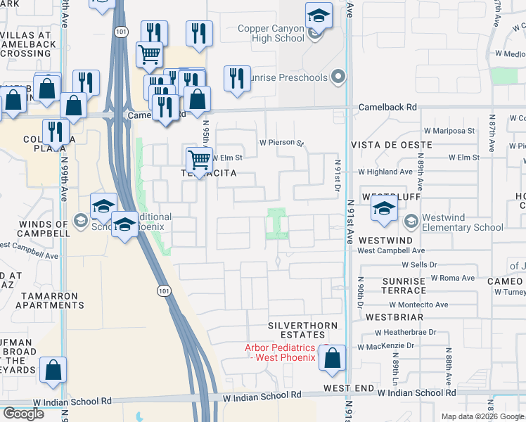 map of restaurants, bars, coffee shops, grocery stores, and more near 9255 West Hazelwood Street in Phoenix