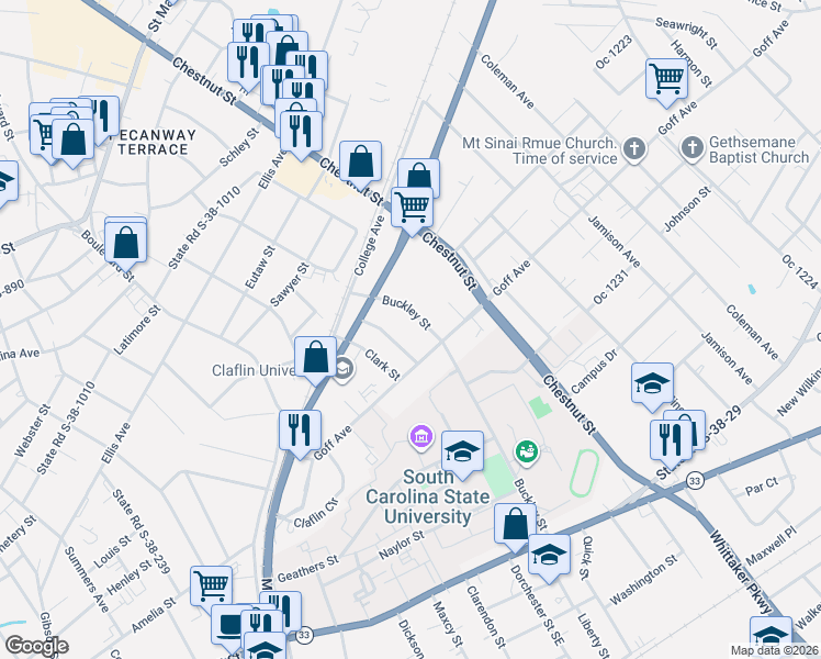 map of restaurants, bars, coffee shops, grocery stores, and more near 565 Buckley Street in Orangeburg