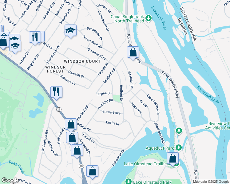 map of restaurants, bars, coffee shops, grocery stores, and more near 1042 Redbird Road in Augusta