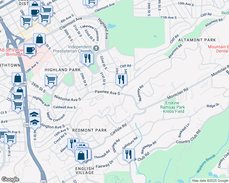 map of restaurants, bars, coffee shops, grocery stores, and more near 3350 Altamont Road South in Birmingham