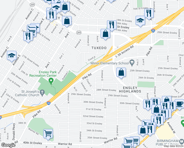map of restaurants, bars, coffee shops, grocery stores, and more near 1524 Pike Road in Birmingham