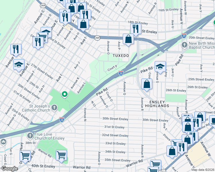 map of restaurants, bars, coffee shops, grocery stores, and more near 1472 Pike Road in Birmingham