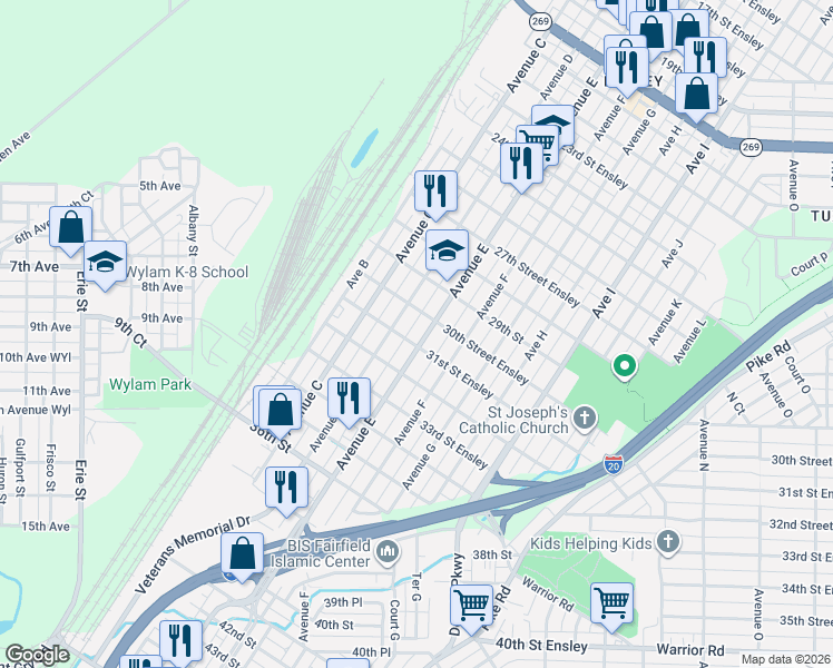 map of restaurants, bars, coffee shops, grocery stores, and more near 3007 Avenue D in Birmingham