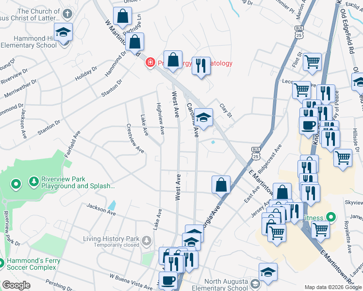 map of restaurants, bars, coffee shops, grocery stores, and more near 1 Westshire Place in North Augusta