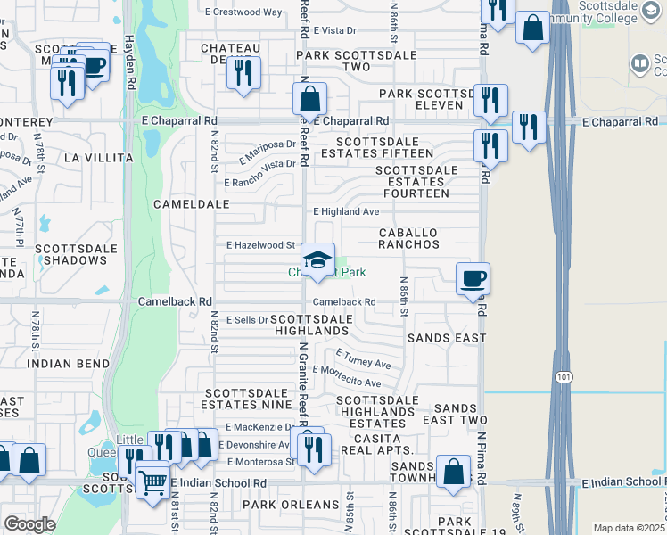 map of restaurants, bars, coffee shops, grocery stores, and more near 4565 North Granite Reef Road in Scottsdale