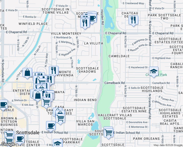 map of restaurants, bars, coffee shops, grocery stores, and more near 7930 East Camelback Road in Scottsdale