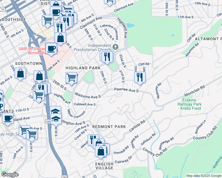 map of restaurants, bars, coffee shops, grocery stores, and more near 1242 29th Street South in Birmingham