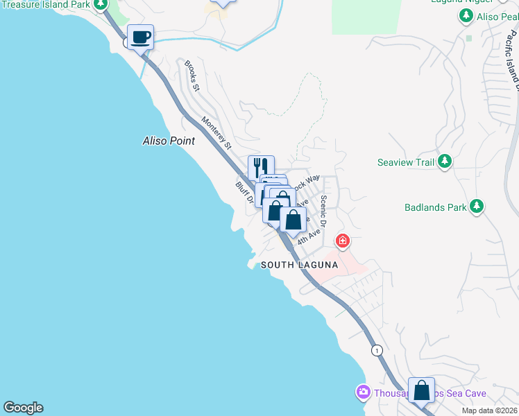 map of restaurants, bars, coffee shops, grocery stores, and more near 31588 Table Rock Drive in Laguna Beach