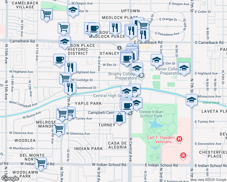 map of restaurants, bars, coffee shops, grocery stores, and more near 10 West Minnezona Avenue in Phoenix