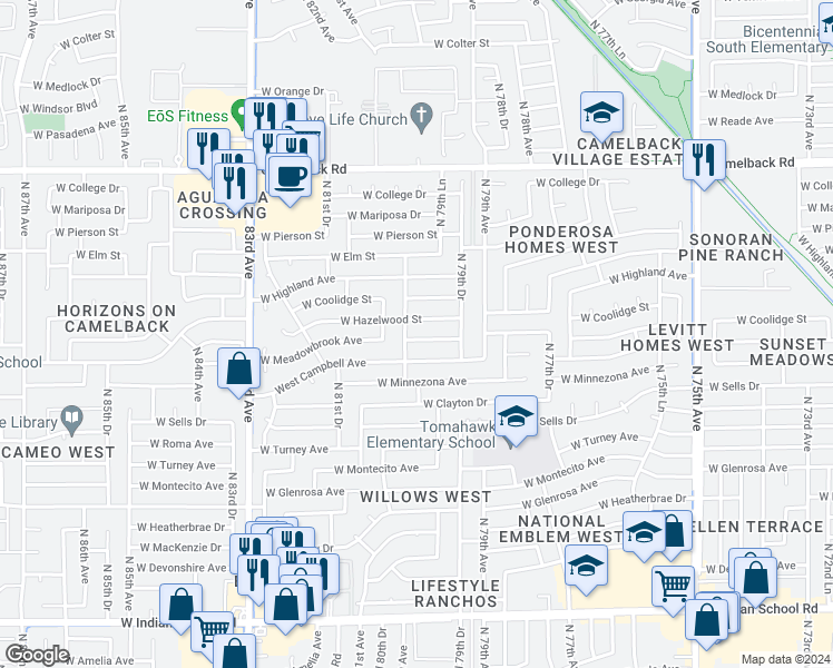 map of restaurants, bars, coffee shops, grocery stores, and more near 7962 West Meadowbrook Avenue in Phoenix