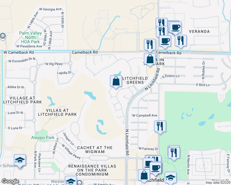 map of restaurants, bars, coffee shops, grocery stores, and more near 14115 West Greenview Circle North in Litchfield Park