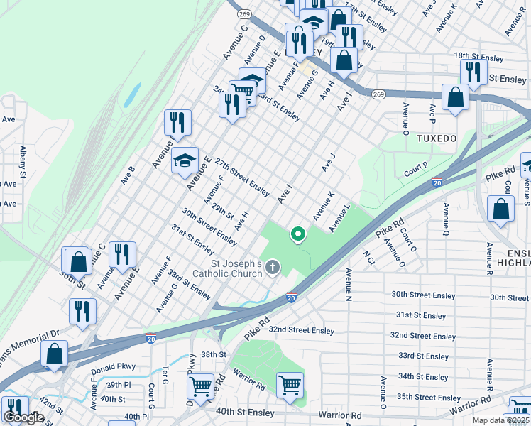 map of restaurants, bars, coffee shops, grocery stores, and more near 2719 Avenue H in Birmingham