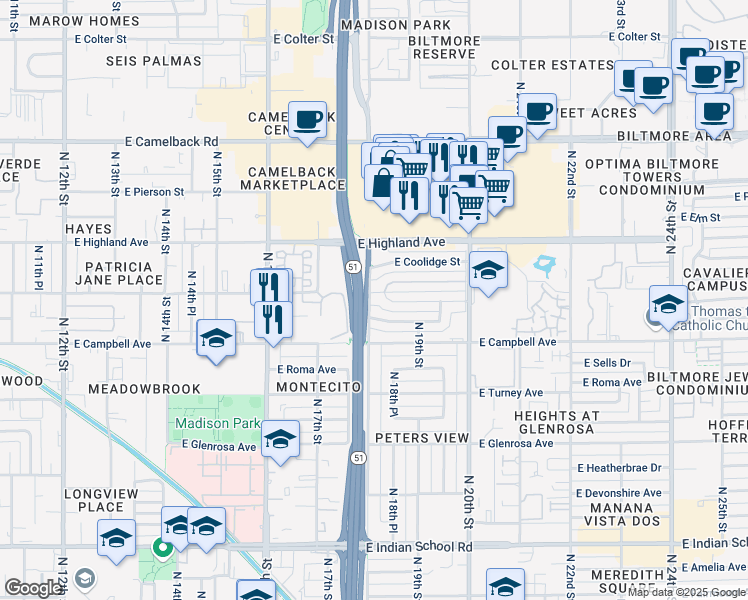 map of restaurants, bars, coffee shops, grocery stores, and more near 1808 East Hazelwood Street in Phoenix