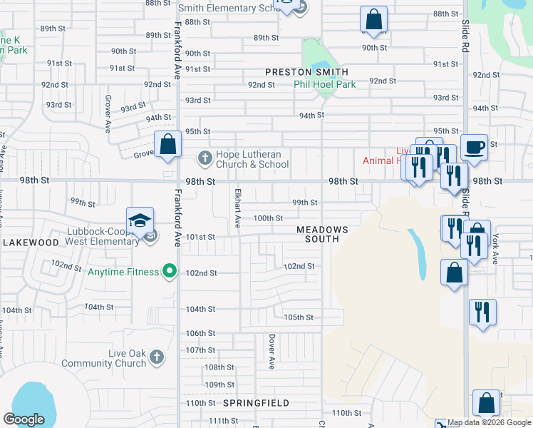 map of restaurants, bars, coffee shops, grocery stores, and more near 5606 100th Street in Lubbock