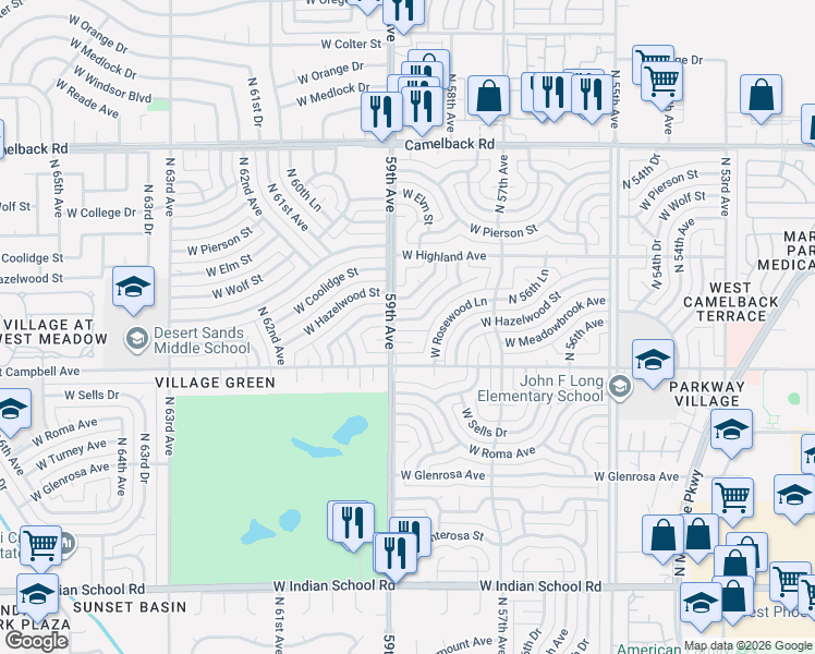 map of restaurants, bars, coffee shops, grocery stores, and more near 5836 West Coolidge Street in Phoenix