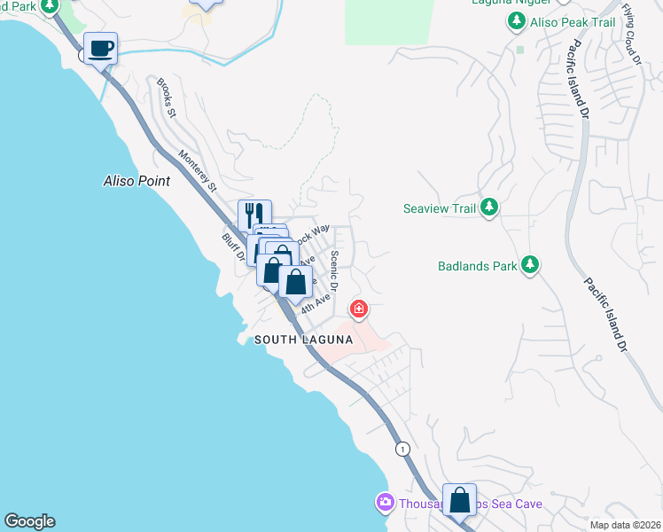 map of restaurants, bars, coffee shops, grocery stores, and more near 31641 3rd Avenue in Laguna Beach