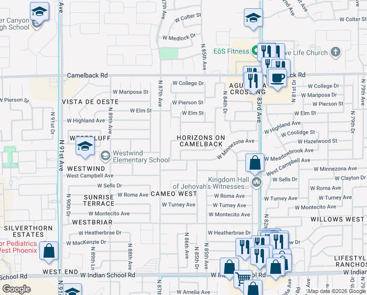 map of restaurants, bars, coffee shops, grocery stores, and more near 8557 West Hazelwood Street in Phoenix