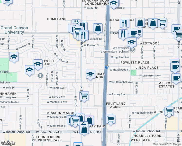 map of restaurants, bars, coffee shops, grocery stores, and more near 2625 West Hazelwood Street in Phoenix