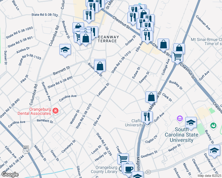 map of restaurants, bars, coffee shops, grocery stores, and more near 1017 Boulevard Street in Orangeburg