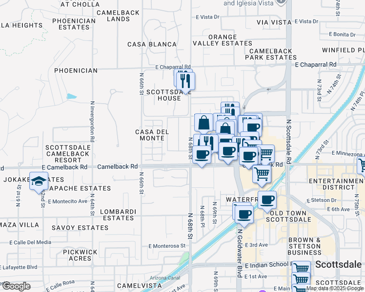map of restaurants, bars, coffee shops, grocery stores, and more near 4600 North 68th Street in Scottsdale