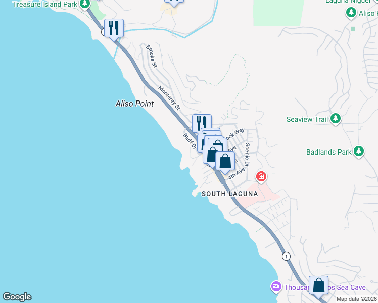 map of restaurants, bars, coffee shops, grocery stores, and more near 31551 Table Rock Drive in Laguna Beach
