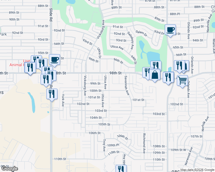 map of restaurants, bars, coffee shops, grocery stores, and more near 4802 99th Street in Lubbock