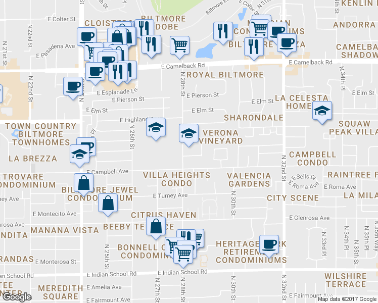 map of restaurants, bars, coffee shops, grocery stores, and more near 4535 North 28th Street in Phoenix