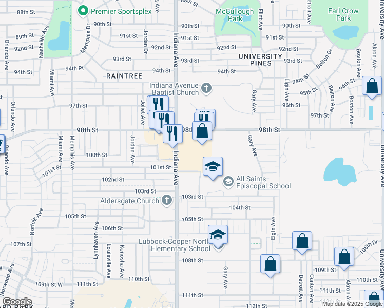 map of restaurants, bars, coffee shops, grocery stores, and more near 3307 98th Street in Lubbock