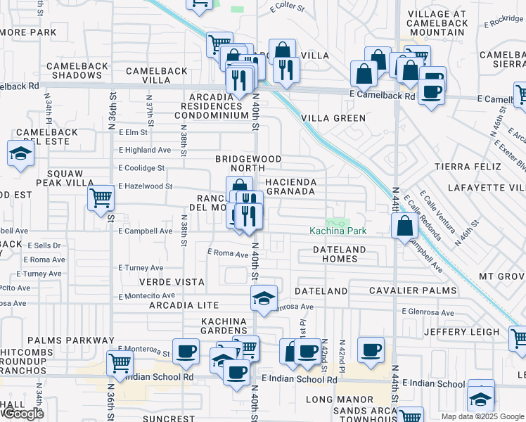 map of restaurants, bars, coffee shops, grocery stores, and more near 4011 East Hazelwood Street in Phoenix