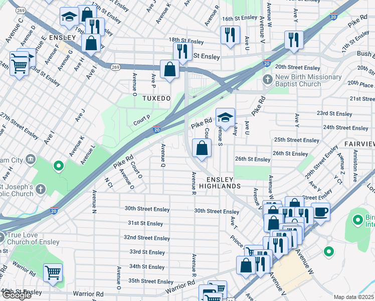 map of restaurants, bars, coffee shops, grocery stores, and more near 2500 Ensley 5 Points West Avenue in Birmingham