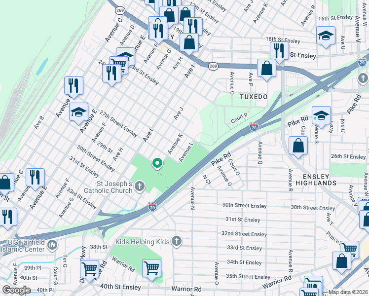 map of restaurants, bars, coffee shops, grocery stores, and more near 2520 Avenue L in Birmingham