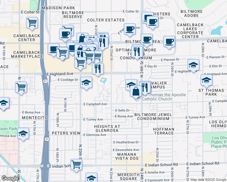 map of restaurants, bars, coffee shops, grocery stores, and more near 4650 North 22nd Street in Phoenix
