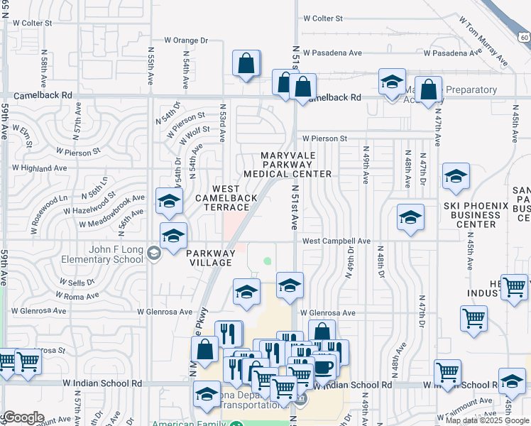map of restaurants, bars, coffee shops, grocery stores, and more near 4545 North Maryvale Parkway in Phoenix