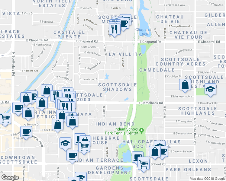map of restaurants, bars, coffee shops, grocery stores, and more near in Scottsdale