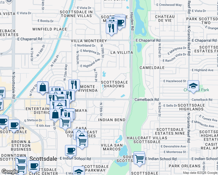 map of restaurants, bars, coffee shops, grocery stores, and more near in Scottsdale