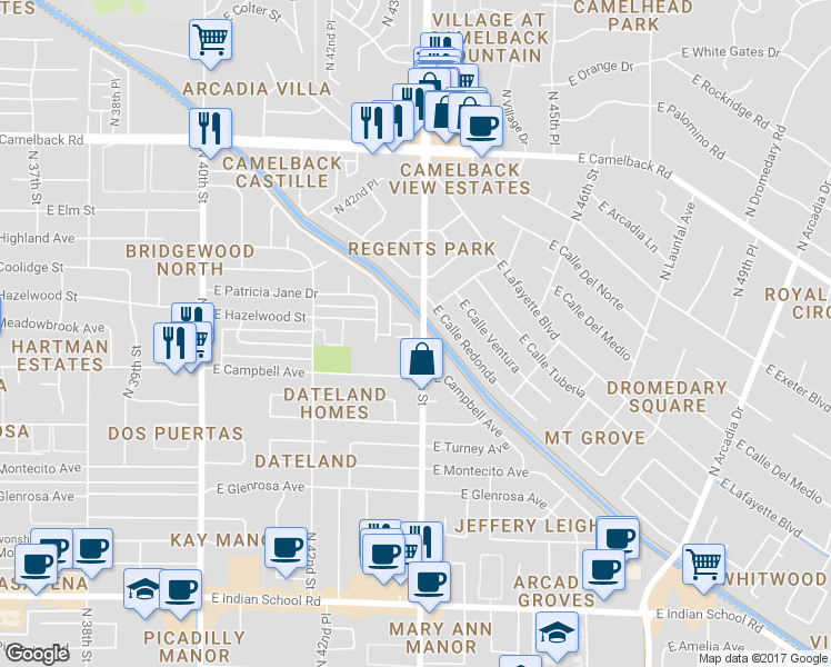 map of restaurants, bars, coffee shops, grocery stores, and more near 4501 East Calle Redonda in Phoenix